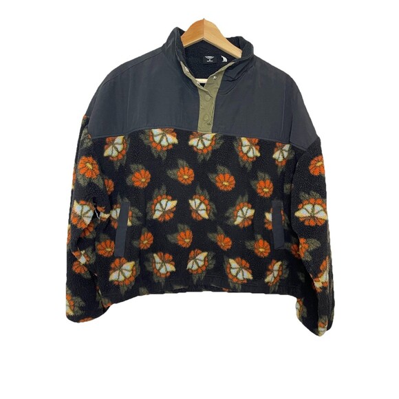 Pacsun Women's Medium Black Floral Print Pullover Crop Fleece Jacket Retro Print - Picture 1 of 8